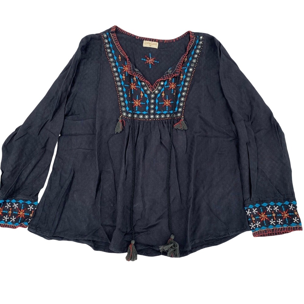 Lula Soul Women XS Embroidered Peasant Blouse Black Boho Tassel Viscose Top